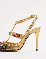 Valentino Rockstud Pumps With Straps In Jacquard Apres L’Hiver Fabric With Crystals 100Mm - Image 2